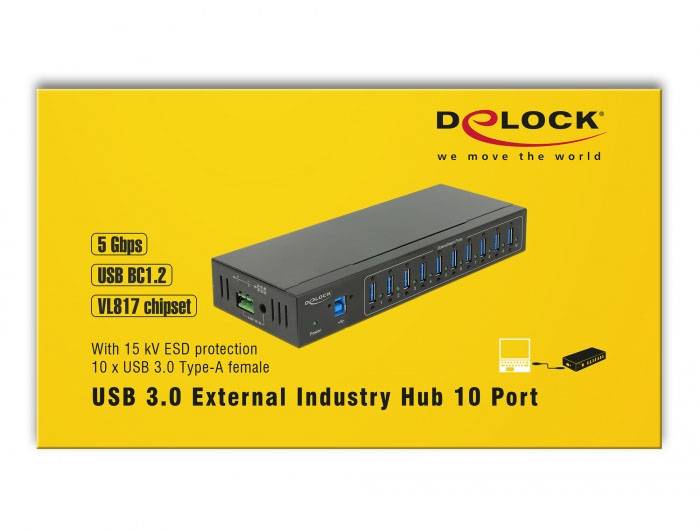 Delock 63919 Hub USB 10 ports USB-A, prise femelle DC 3,5 mm USB 3.2 Gen1 5 GBit/s noir 63919-6