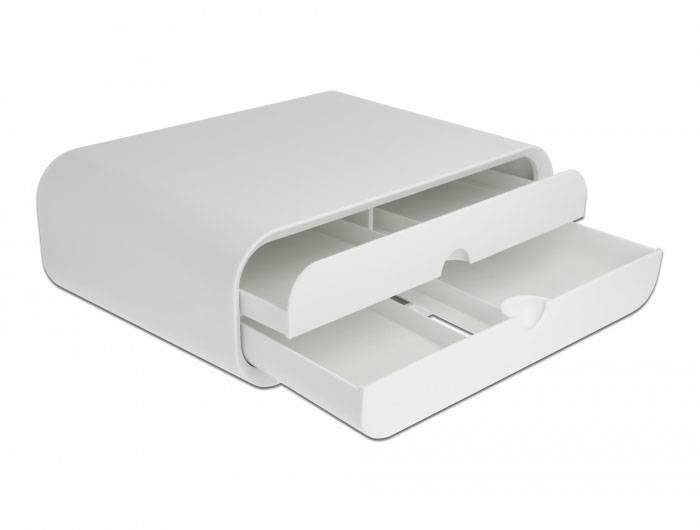 Boîte organisateur de bureau blanche avec deux tiroirs coulissants, adaptée au rangement et à l'organisation du papier et du matériel de bureau.