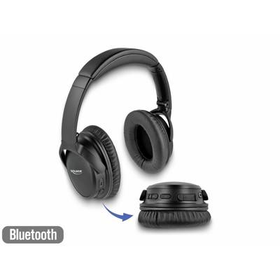 Écouteurs Bluetooth sans fil noirs, présentés en position pliée et dépliée, avec une flèche illustrant leur capacité de pliage.