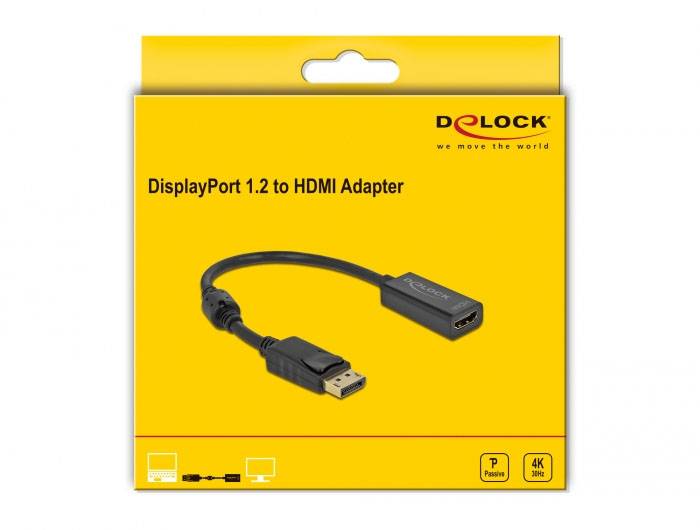 Emballage de l'adaptateur DeLock DisplayPort 1.2 vers HDMI, jaune, avec illustration de l'adaptateur et symboles indiquant la prise en charge 4K et la fonctionnalité Plug & Play.