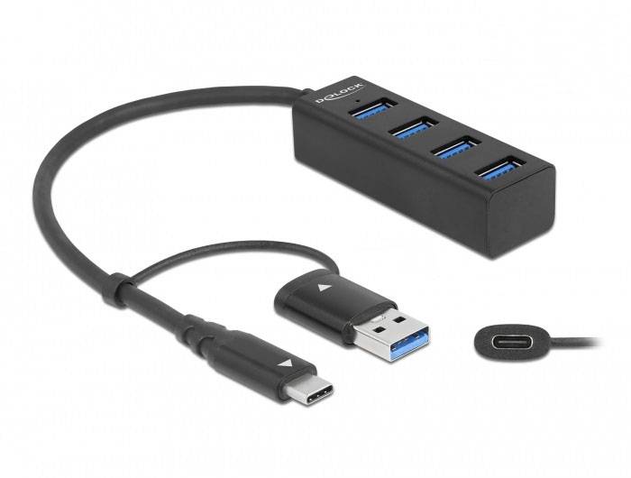Delock 63828 Hub USB 2+2 ports USB-A USB 3.2 Gen1 5 GBit/s avec fiche mâle USB-C noir 63828-1