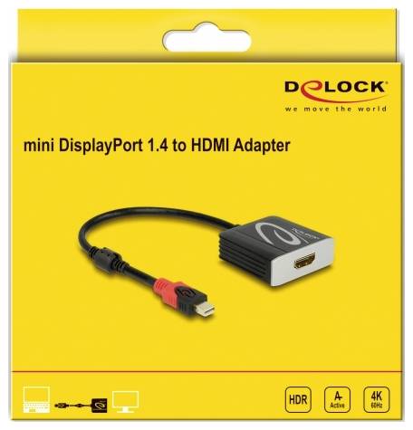 Emballage jaune portant l'inscription 'Adaptateur mini DisplayPort 1.4 vers HDMI de Delock'. Affiche le câble adaptateur avec des icônes HDR, 4K et Actif.