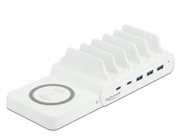 Delock 41450 Chargeur USB  USB-C®, USB-A Power Delivery, Qi Wireless Charging blanc pour prise murale, intérieure protection contre les surintensités, chargeur sans fil, chargeur rapide
