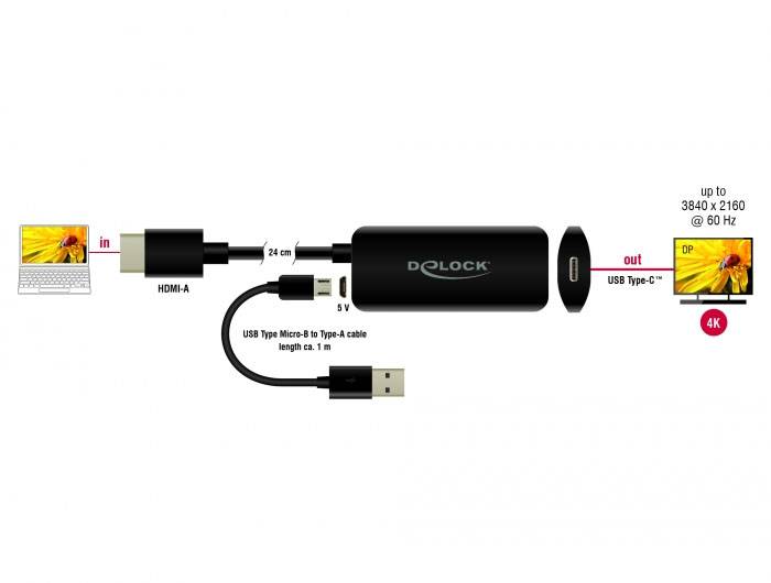 Adaptateur permettant de connecter un périphérique HDMI-A à une sortie DisplayPort via USB-C, prenant en charge une résolution allant jusqu'à 3840 x 2160 @ 60 Hz.