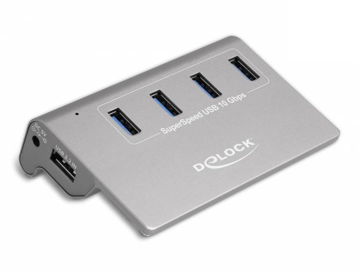Delock 64181 Hub USB 4 ports USB-A, prise femelle DC 3,5 mm USB 3.2 Gen2 10 GBit/s gris 64181-0