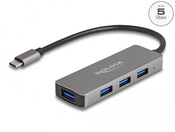 Delock 63173 Hub USB 4 ports USB-A USB 3.2 Gen1 5 GBit/s avec fiche mâle USB-C noir 63173