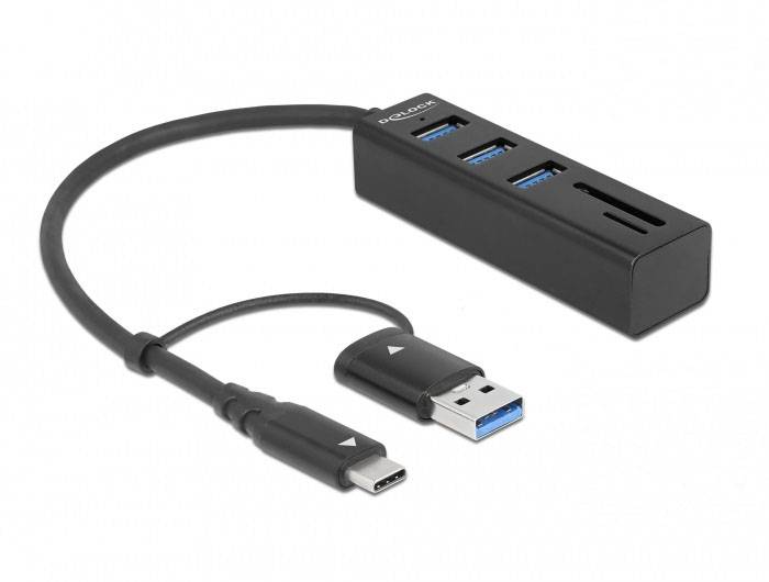 Delock 63859 Hub USB 3 ports USB-A, microSD, SD USB 3.2 Gen1 5 GBit/s avec fiche mâle USB-C multicolore 63859-1
