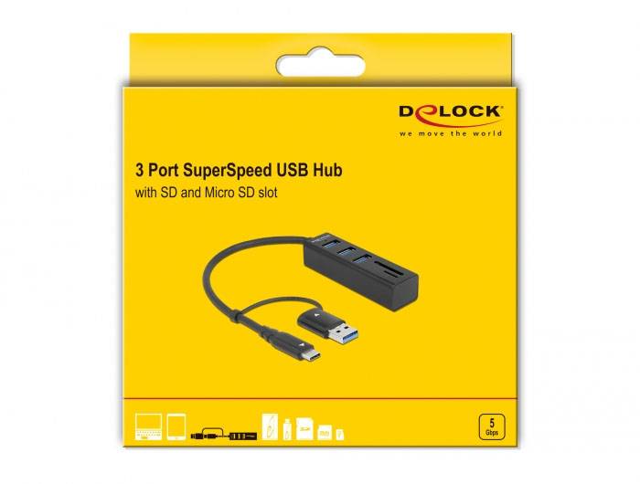Delock 63859 Hub USB 3 ports USB-A, microSD, SD USB 3.2 Gen1 5 GBit/s avec fiche mâle USB-C multicolore 63859-2