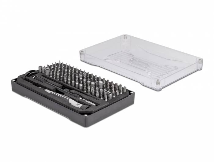 Coffret de tournevis avec différents embouts dans un boîtier noir ouvert, à côté d'un couvercle transparent.