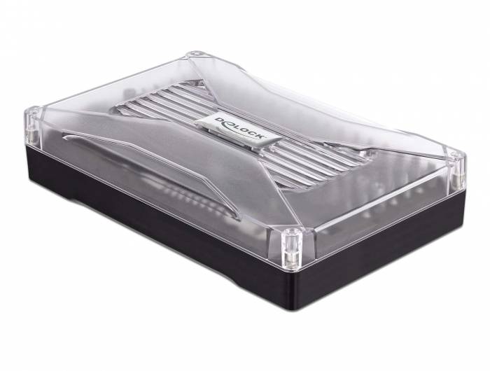 Boîtier externe pour disques durs avec couvercle transparent. Le numéro de modèle est visible sur le dessus. Idéal pour le stockage de données.