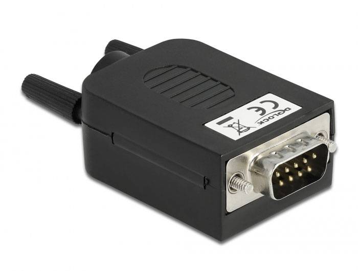 Un adaptateur VGA noir avec des fiches métalliques et deux vis de verrouillage, adapté pour connecter des écrans à des ordinateurs.