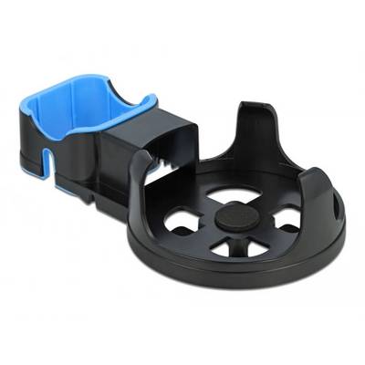 Porte-gobelet en plastique noir et bleu avec ouverture circulaire et support flexible. Surface intégrée pour une stabilité assurée.