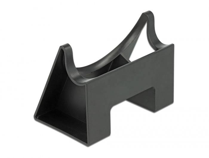 Un support noir en forme de coin, avec une fente arrondie, adapté pour le rangement sécurisé des dispositifs roulants ou des tubes.