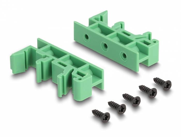 Deux supports en plastique vert et cinq vis noires pour la fixation de composants électriques.