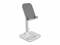 Un support blanc et ajustable pour smartphone ou tablette, doté d'une base stable et d'un support antidérapant, adapté à différents appareils.