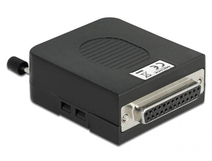 Un adaptateur noir avec connexion parallèle 25 broches et marquage CE. Adapté pour connecter des appareils anciens à des systèmes modernes.