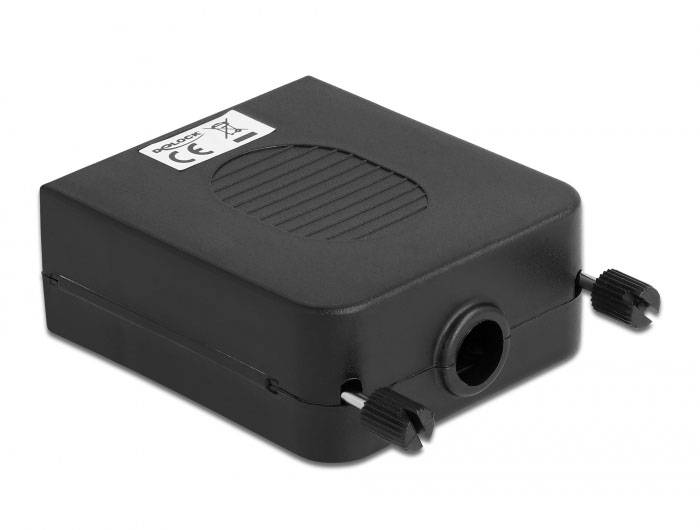 Un appareil noir rectangulaire avec une zone texturée en haut et deux boutons de réglage latéraux. Un autocollant avec des symboles est placé sur le dessus.