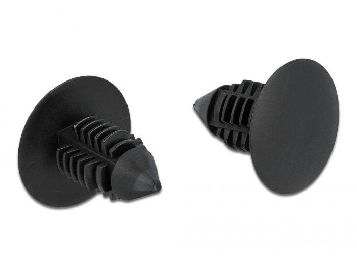 Deux rivets de séparation en plastique noir, utilisés pour fixer de manière sécurisée des matériaux dans des composants automobiles ou d'autres applications.
