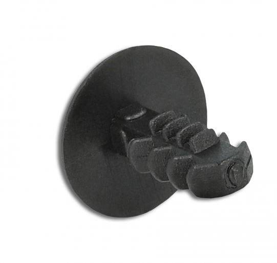 Vis de fixation en plastique noir à tête ronde et tige rainurée, sur fond blanc.