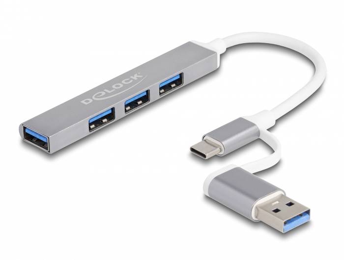 Delock 64214 Hub USB 4 ports USB-A USB 3.2 Gen1 5 GBit/s avec fiche mâle USB-C argent 64214-1