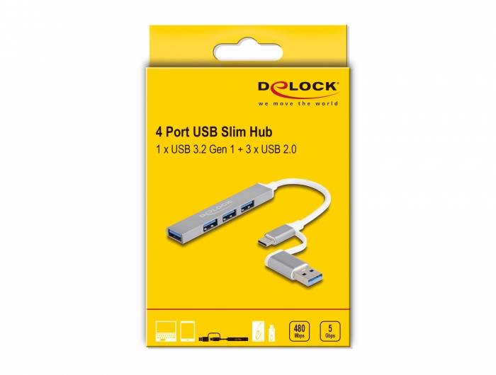 Delock 64214 Hub USB 4 ports USB-A USB 3.2 Gen1 5 GBit/s avec fiche mâle USB-C argent 64214-3