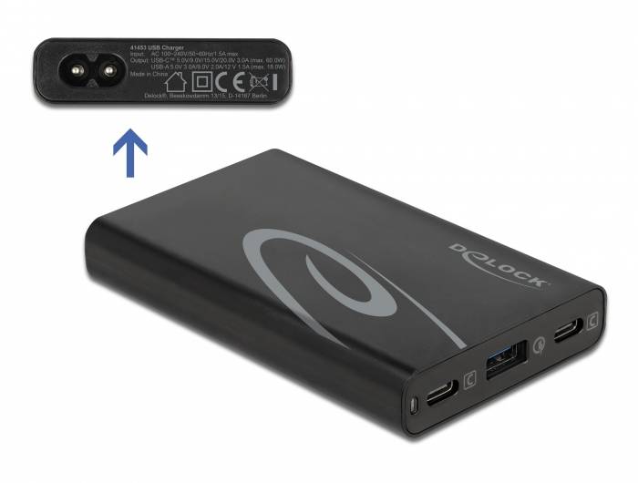Delock 41453 Chargeur USB USB-C®, USB-A Power Delivery noir pour prise murale USB Power Delivery (USB-PD), protection co-2