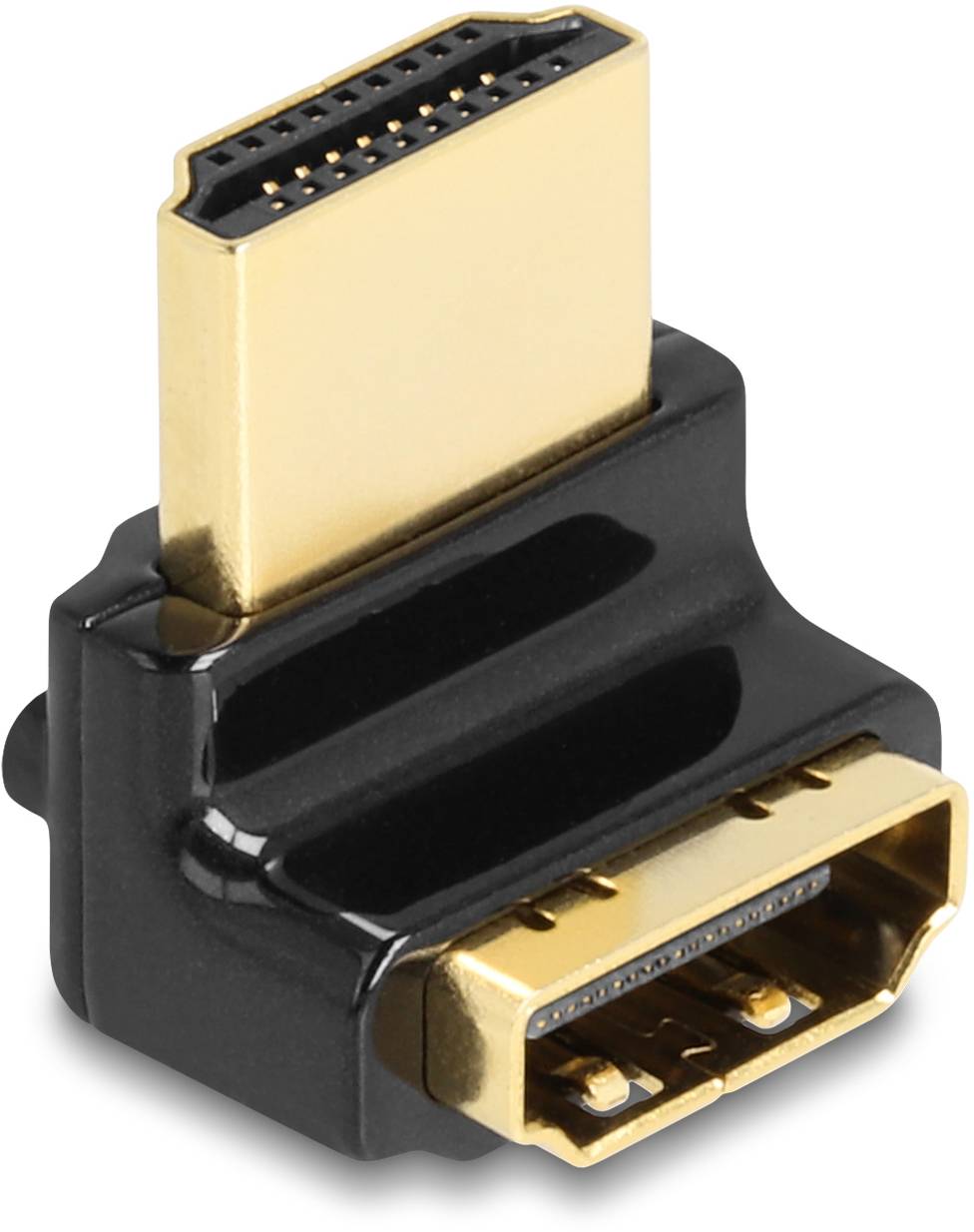 Adaptateur HDMI avec une connexion mâle et une connexion femelle. Boîtier noir, contacts plaqués or pour une transmission de signal optimisée.