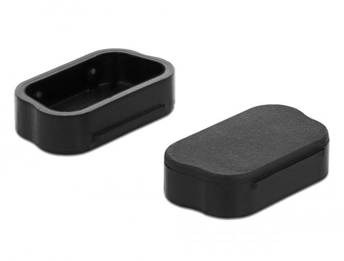 Deux caches en plastique noir rectangulaires aux coins arrondis, l'un vu de dessus, l'autre debout et ouvert.