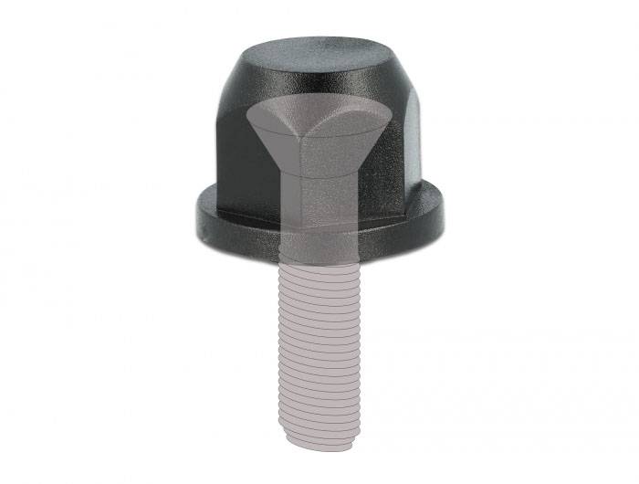 Un capuchon noir de protection pour vis ou boulons, conçu pour recouvrir une tête ronde et le filetage situé en dessous.