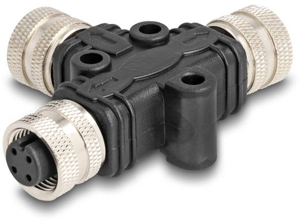 Un connecteur en T noir avec des embouts métalliques ronds aux extrémités, adapté pour les connexions électriques.