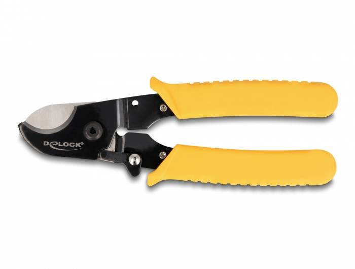 Un coupe-câble jaune avec une lame noire, portant le nom de marque 'DOLOCK' sur la lame, sur un fond blanc.