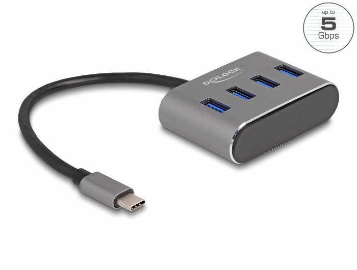 Delock 63223 Hub USB 4 ports USB-A USB 3.2 Gen1 5 GBit/s avec fiche mâle USB-C noir 63223-1