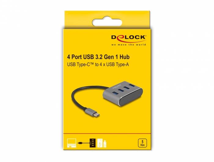 Delock 63223 Hub USB 4 ports USB-A USB 3.2 Gen1 5 GBit/s avec fiche mâle USB-C noir 63223-3