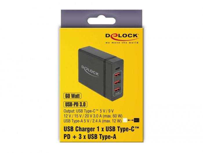 Delock 63974 Chargeur USB 60 W USB-C®, USB-A Power Delivery noir pour prise murale USB Power Delivery (USB-PD), protecti-5
