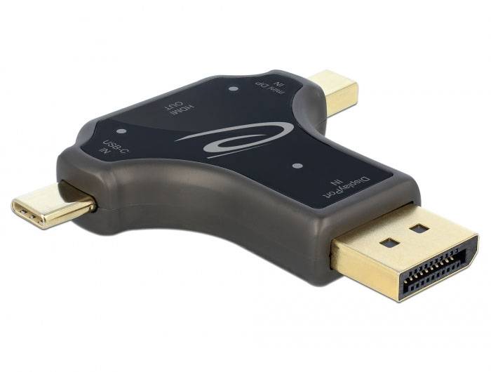 'Adaptateur avec ports HDMI, USB-C et DisplayPort, adapté pour connecter différentes sources vidéo et audio aux écrans.'