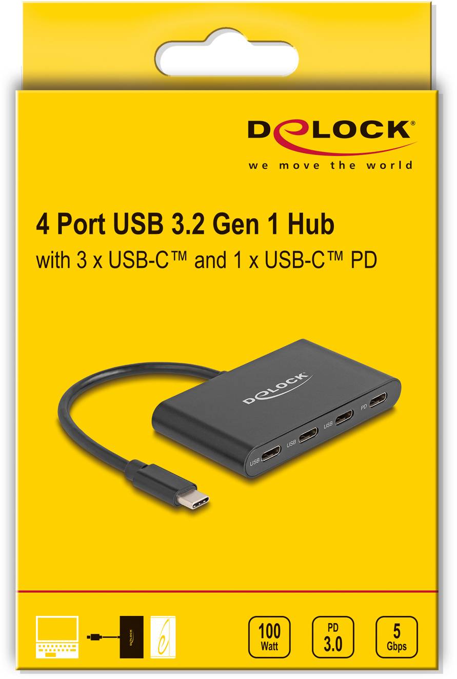 Delock 64174 Hub USB 4 ports USB-C® USB 3.2 Gen1 5 GBit/s avec fiche mâle USB-C noir 64174-3
