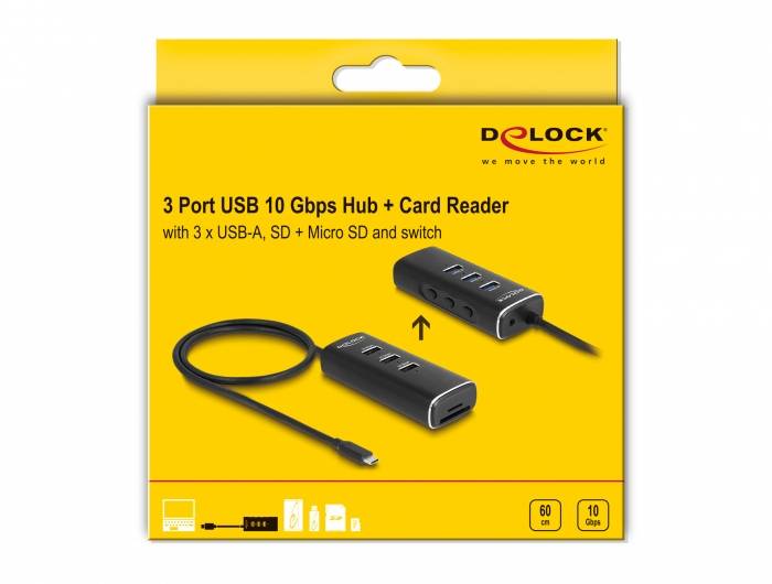 Delock 64234 Hub USB 3 ports USB-A, SD, microSD, prise femelle DC 3,5 mm USB 3.2 Gen2 10 GBit/s avec fiche mâle USB-C no-5