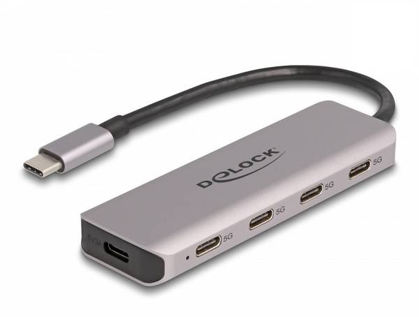 Delock 64238 Hub USB 4 ports USB-C® USB 3.2 Gen1 5 GBit/s avec fiche mâle USB-C gris 64238