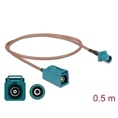 Câble coaxial marron de 0,5 m de long, équipé de deux connecteurs Fakra bleus aux extrémités. Adapté pour les antennes de véhicules ou les applications GPS.