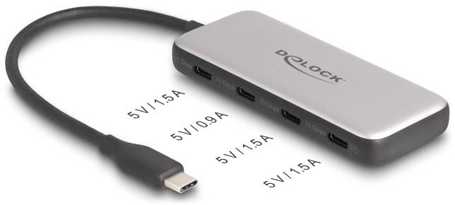 Delock 64261 Hub USB 4 ports USB-C® USB 3.2 Gen2 10 GBit/s avec fiche mâle USB-C noir, gris 64261-2