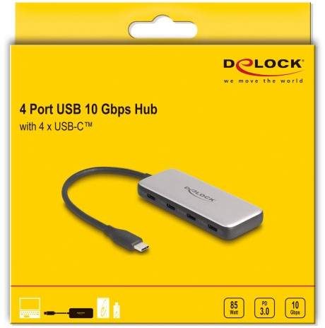 Delock 64261 Hub USB 4 ports USB-C® USB 3.2 Gen2 10 GBit/s avec fiche mâle USB-C noir, gris 64261-4