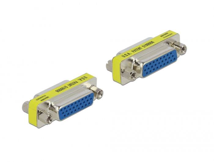 Deux connecteurs VGA avec des étiquettes jaunes et des broches de connexion bleues, représentés sur un fond blanc.