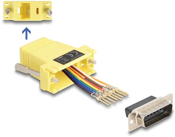 Un connecteur RJ45 jaune avec plusieurs fils de couleurs différentes aboutissant dans une fiche VGA métallique.