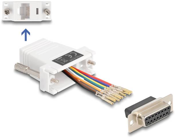 Adaptateur avec prise RJ45, huit câbles colorés et connecteur DB15. Relie les composants réseau aux interfaces série.