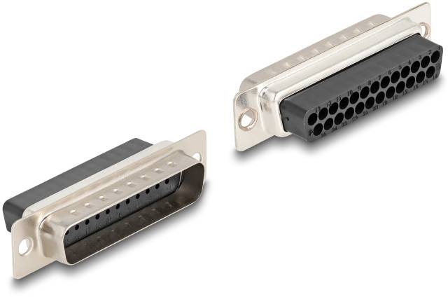 Deux connecteurs rectangulaires : à gauche, la prise avec des trous ; à droite, le connecteur avec des broches. Les deux ont un boîtier métallique.