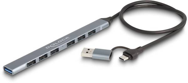 Delock 64273 Hub USB 7 ports USB-A USB 3.2 Gen1 5 GBit/s avec fiche mâle USB-C gris 64273