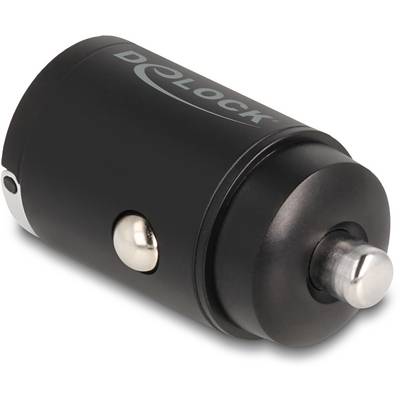 Chargeur de voiture noir de Delock, design rond, avec un bouton métallique sur le côté.