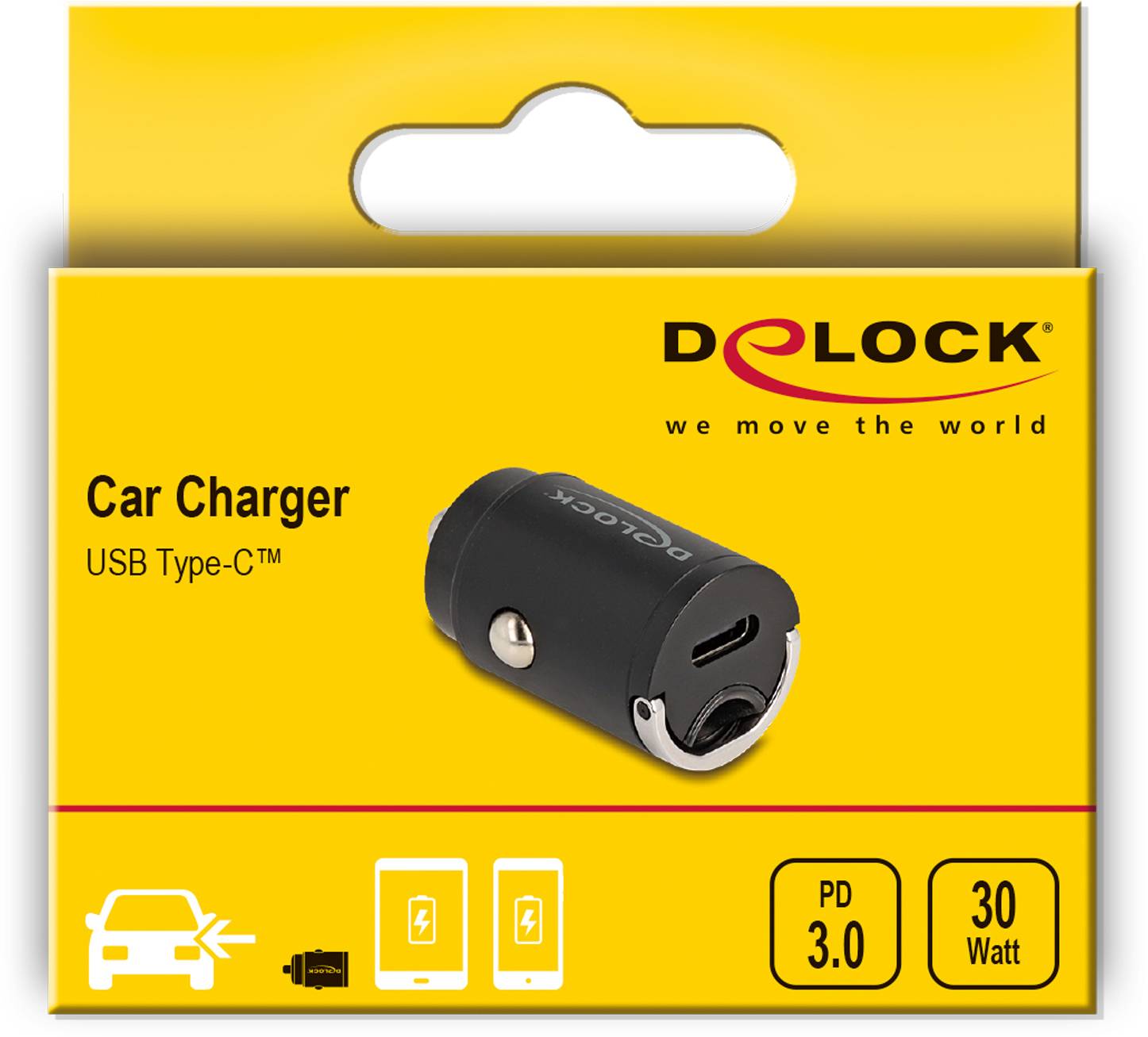 Chargeur USB Type-C de Delock, emballage jaune avec image du chargeur. Prend en charge PD 3.0, 30 watts. Pour charge dans la voiture.