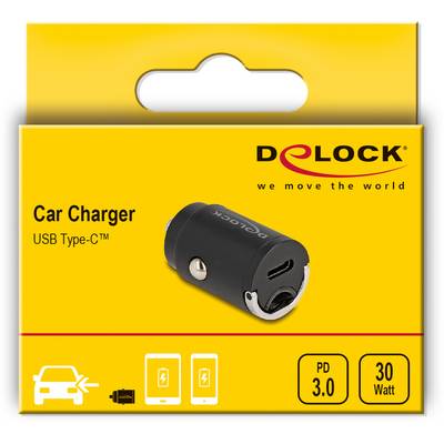 Chargeur USB Type-C de Delock, emballage jaune avec image du chargeur. Prend en charge PD 3.0, 30 watts. Pour charge dans la voiture.