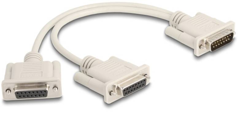 Câble de connexion S-Video avec trois fiches : une fiche mâle et deux fiches femelles, adapté pour la connexion vidéo.